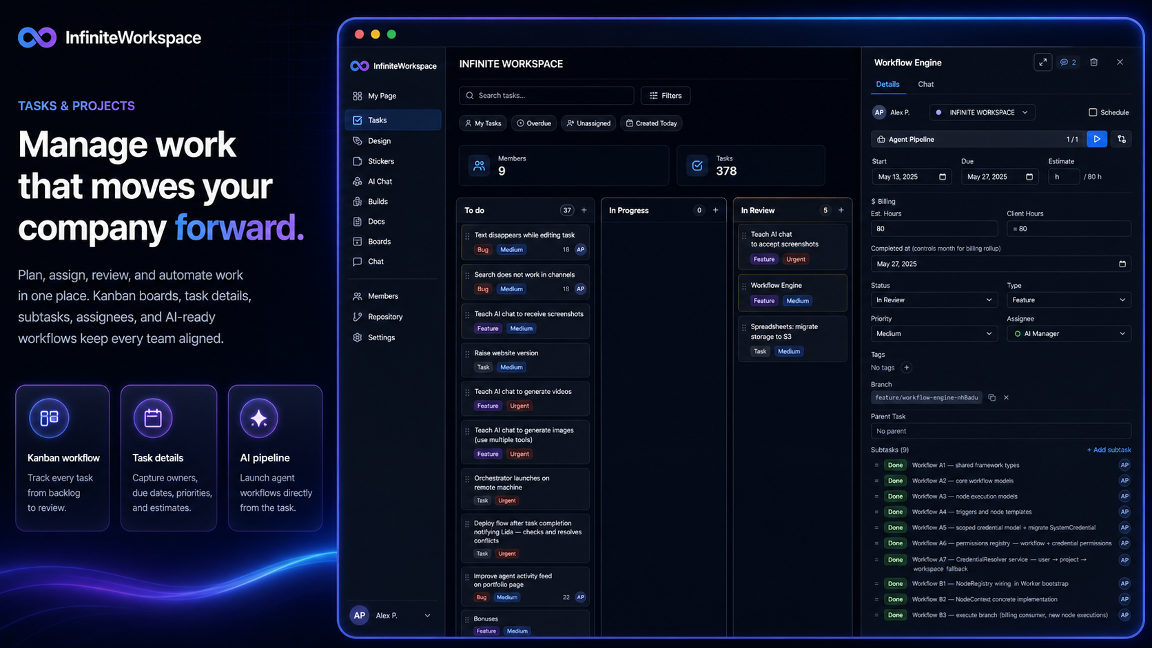InfiniteWorkspace — tasks board, workflow engine, AI pipeline in one workspace