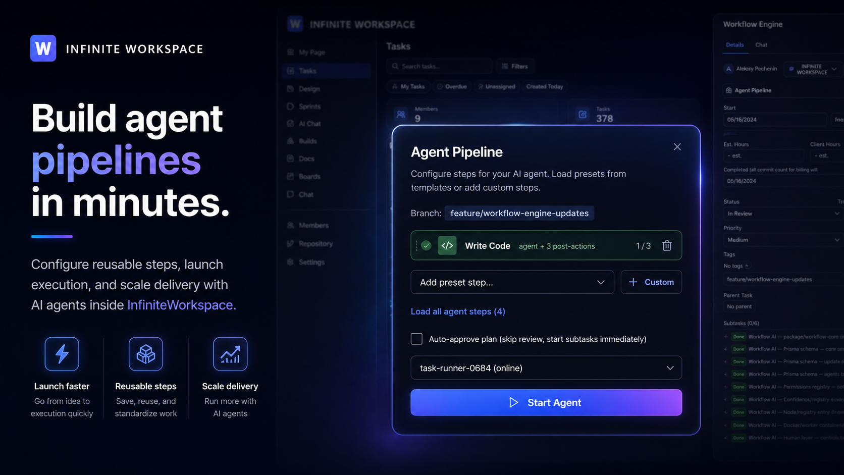 Agent Pipeline editor — preset steps, branch, AI agents, run controls