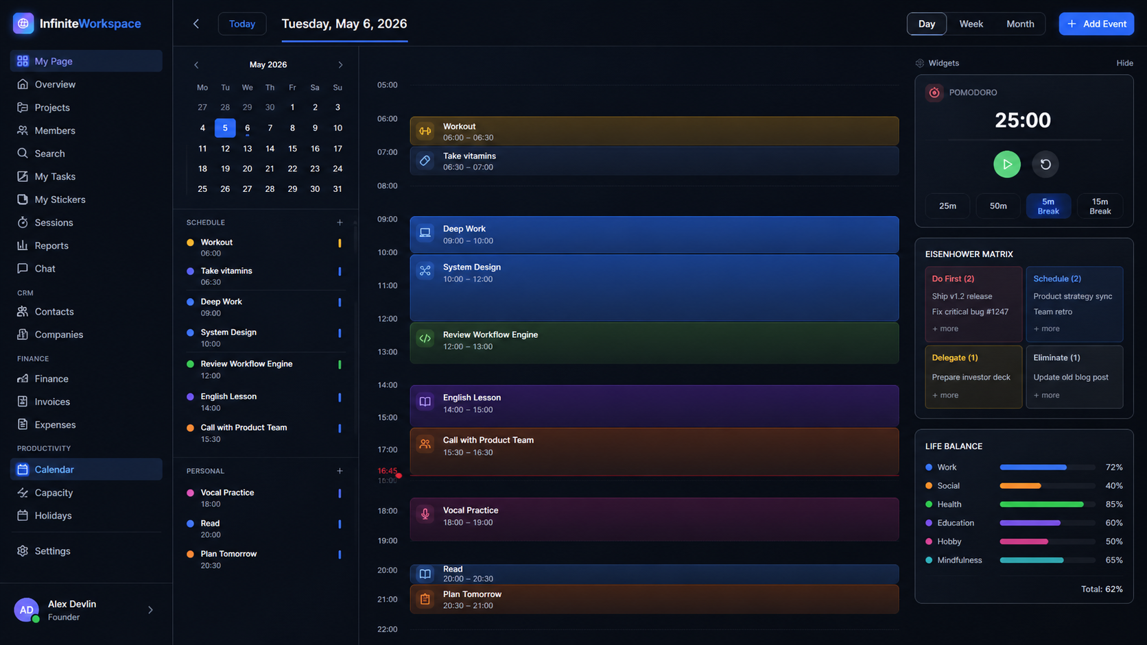 Personal schedule with calendar, pomodoro timer, engagement matrix and life balance